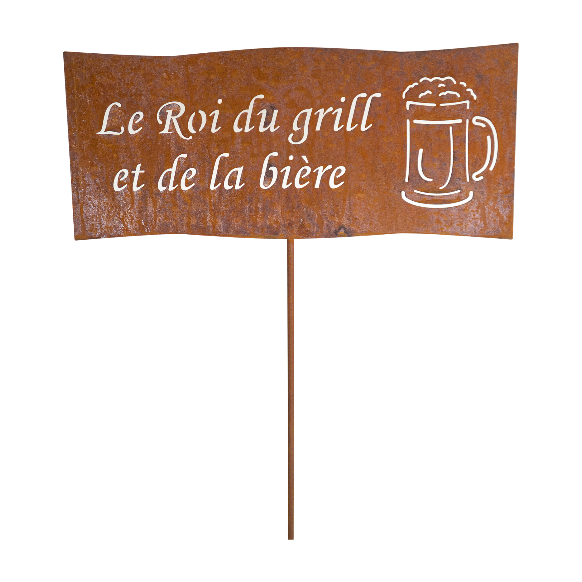 Darstellung von Tafel Le Roi du grill et de la biere auf Stab
