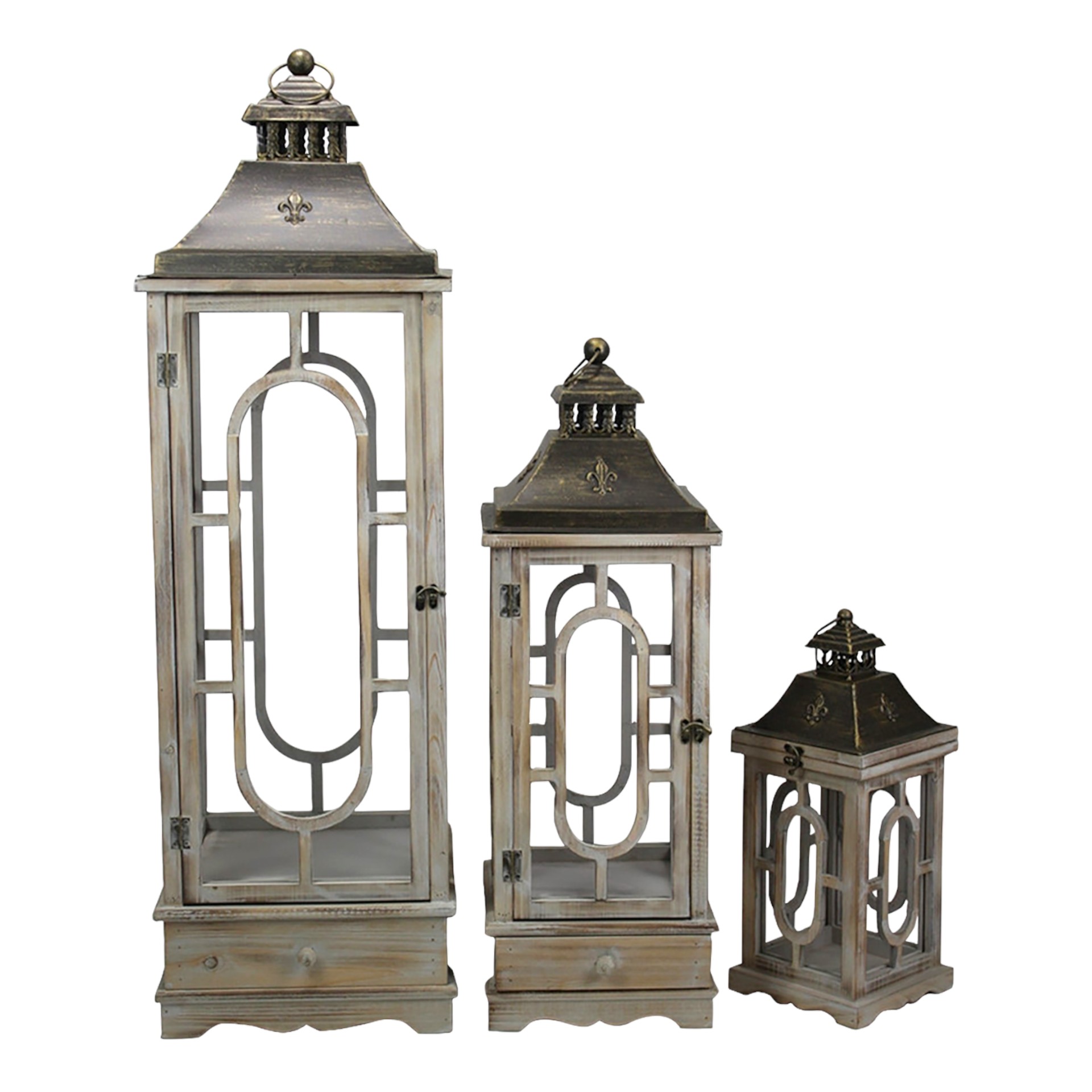 Holzlaternenset gross, 3-tlg.  1 Schublade m. Metalldach Darstellung von Holzlaternenset gross, 3-tlg.  1 Schublade m. Metalldach