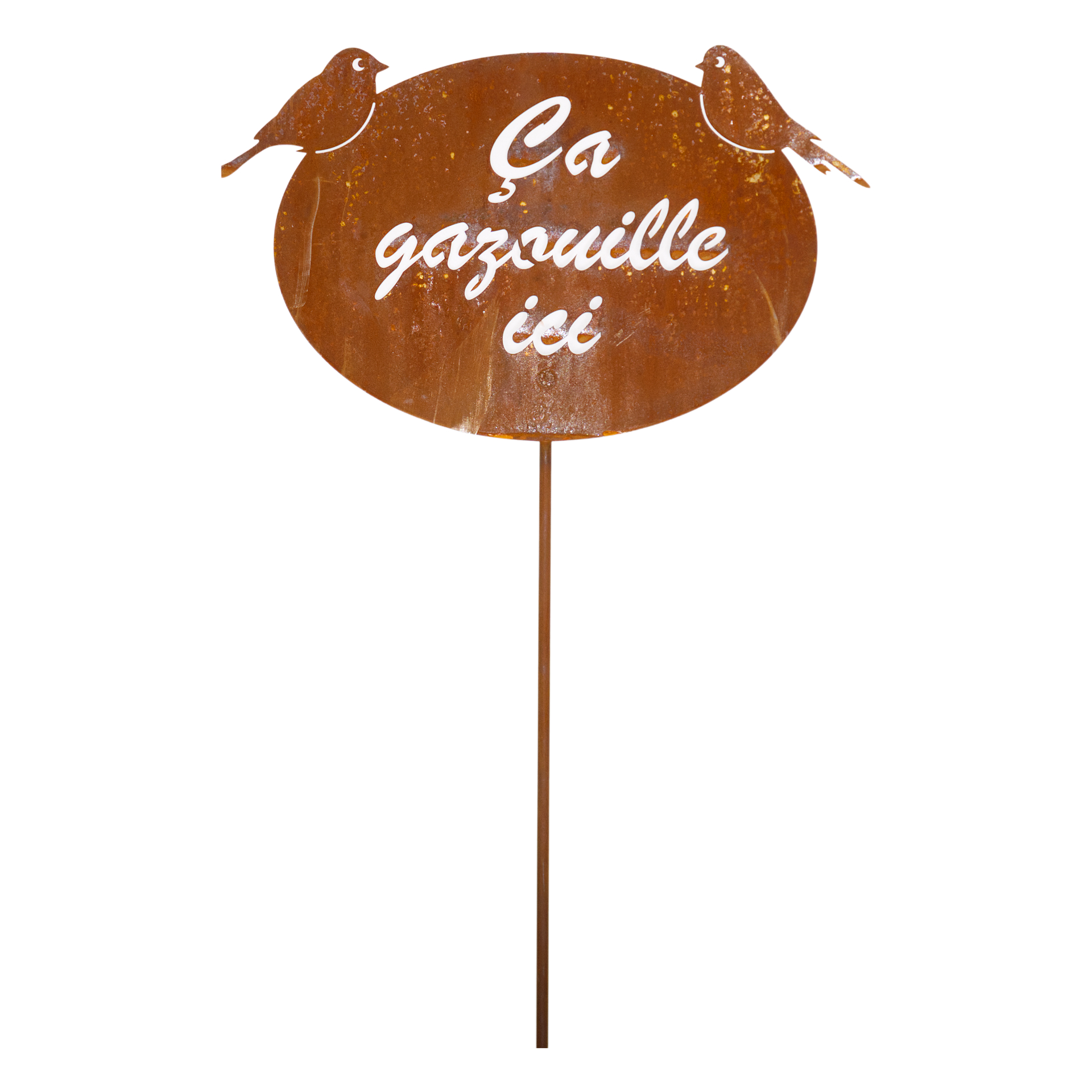 Darstellung von ovale Tafel auf Stab 2 Vögel Ca gazouille ici