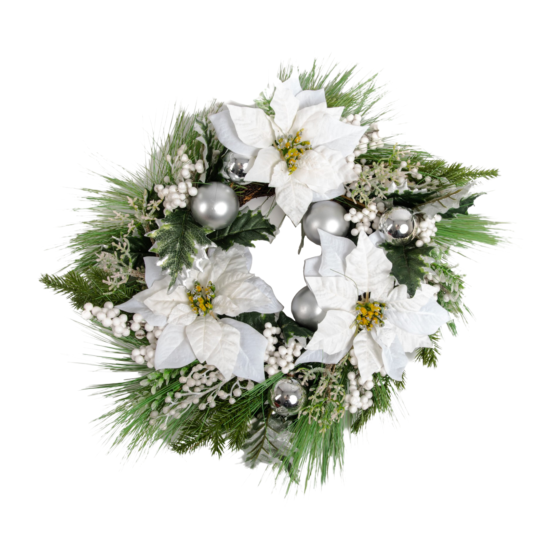 Darstellung von gemischter Kranz weiss/grün, mit Blumen