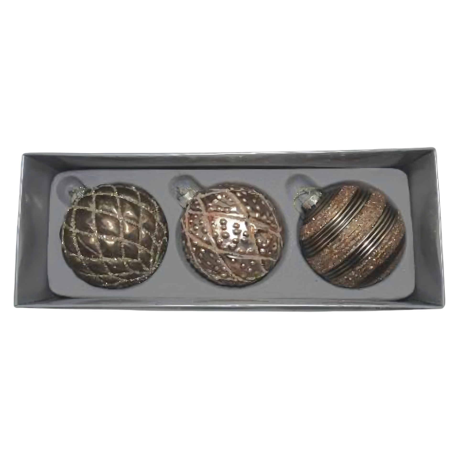 Darstellung von Glaskugeln goldbraun 3-tlg. in Box, d= 8 cm