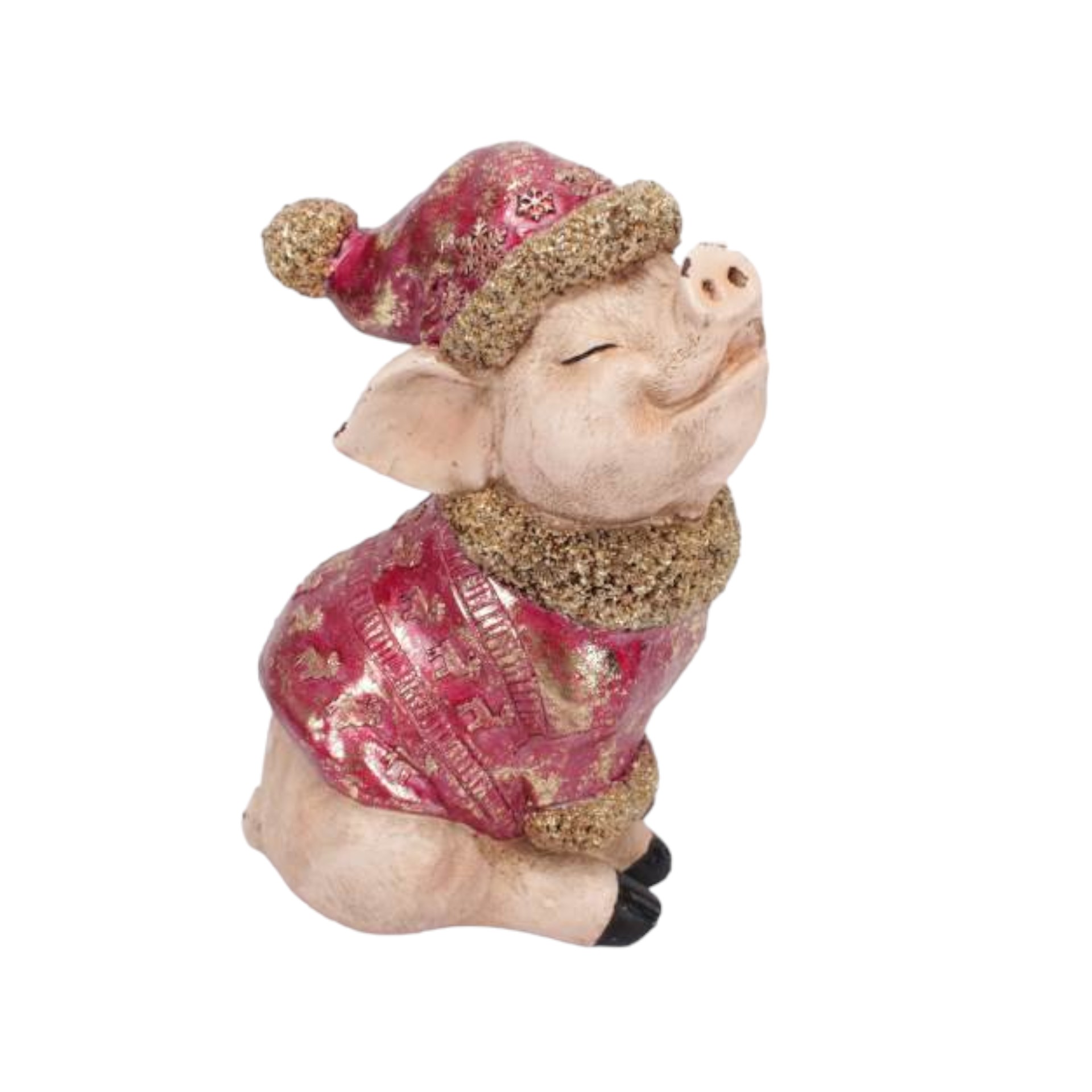 sitzendes Glücksschwein mit Mütze und Gewand Darstellung von sitzendes Glücksschwein mit Mütze und Gewand