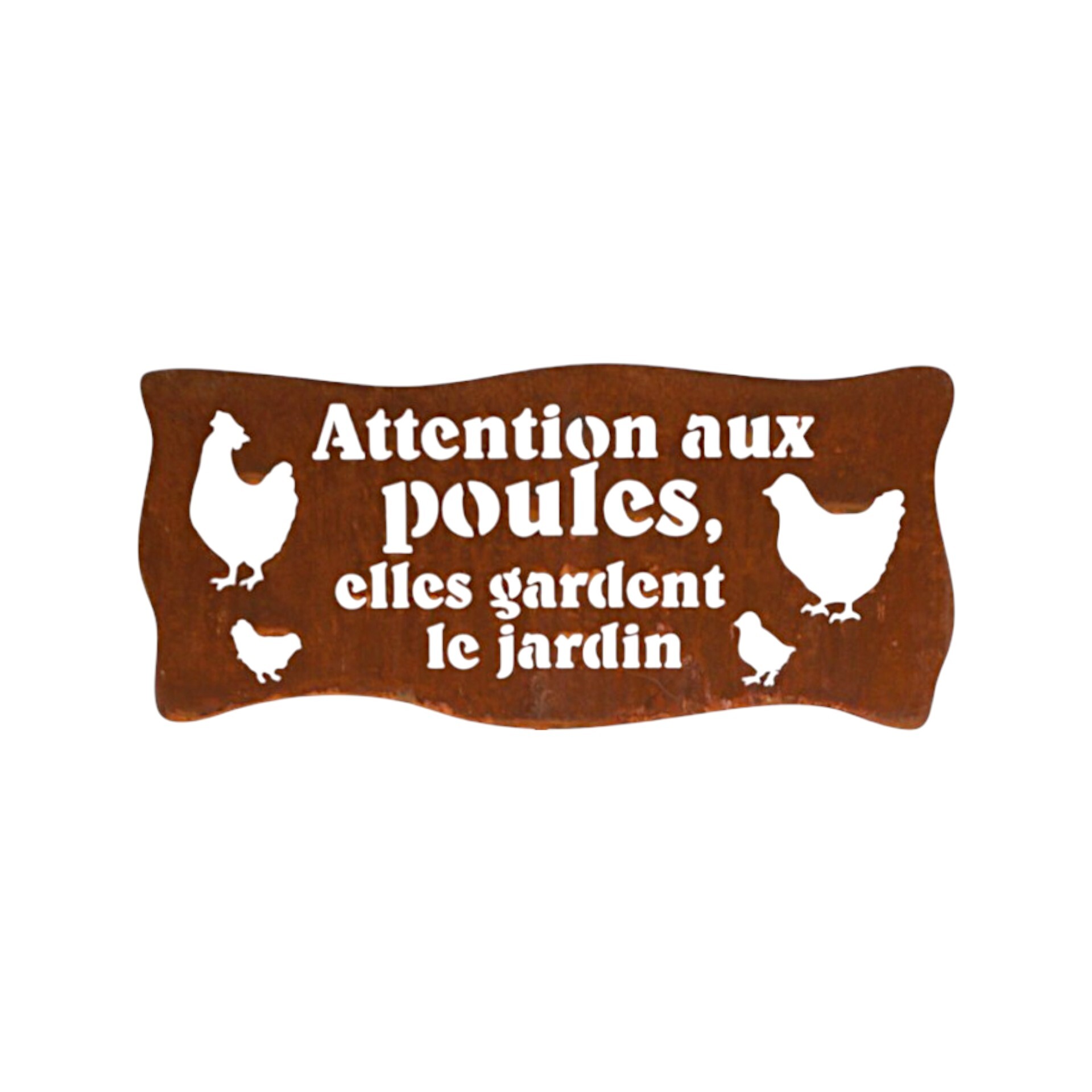 Darstellung von Plaque métallique courbée  Attention aux poules...