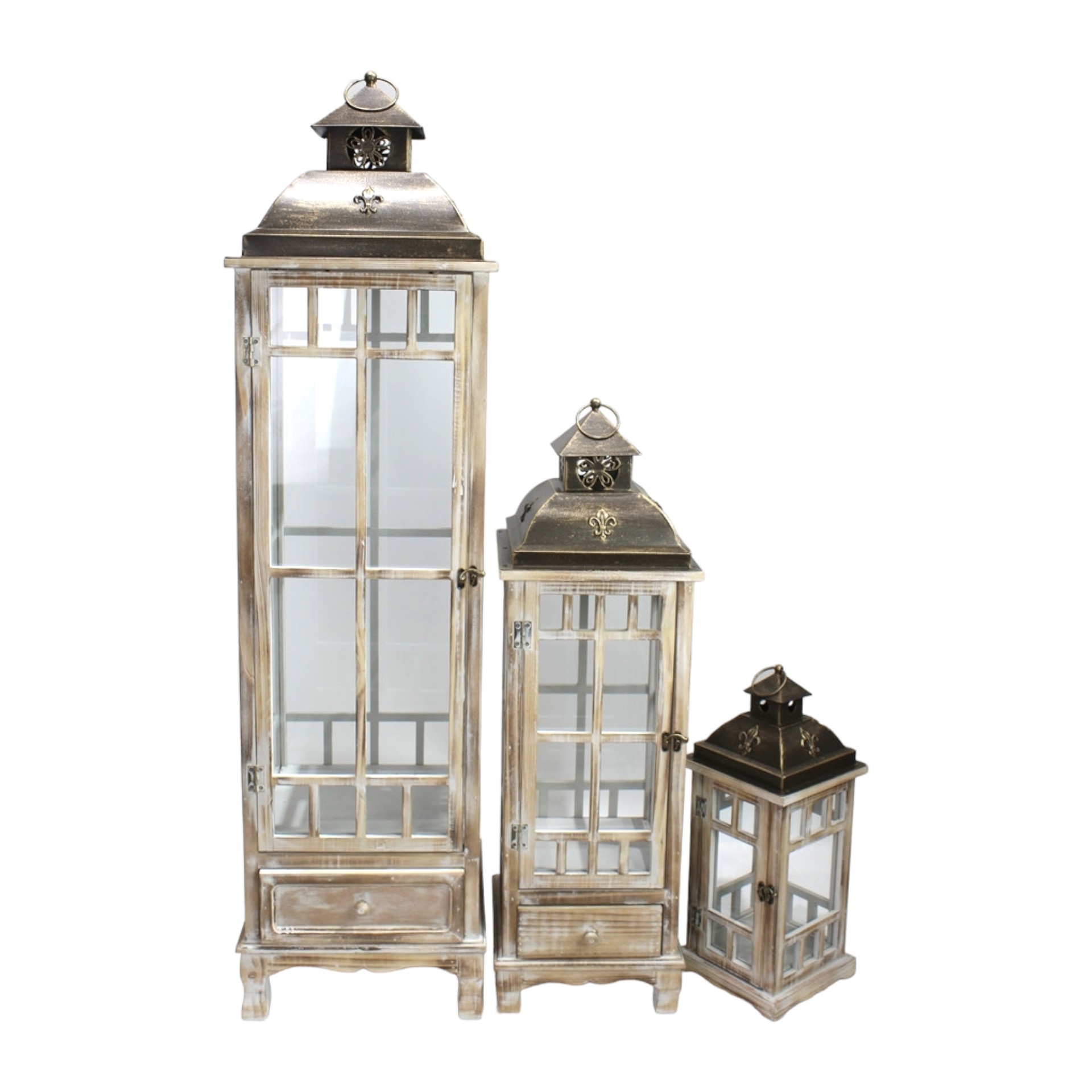 Holzlaternenset 3-tlg. mit Schublade natur, Metalldach Darstellung von Holzlaternenset 3-tlg. mit Schublade natur, Metalldach