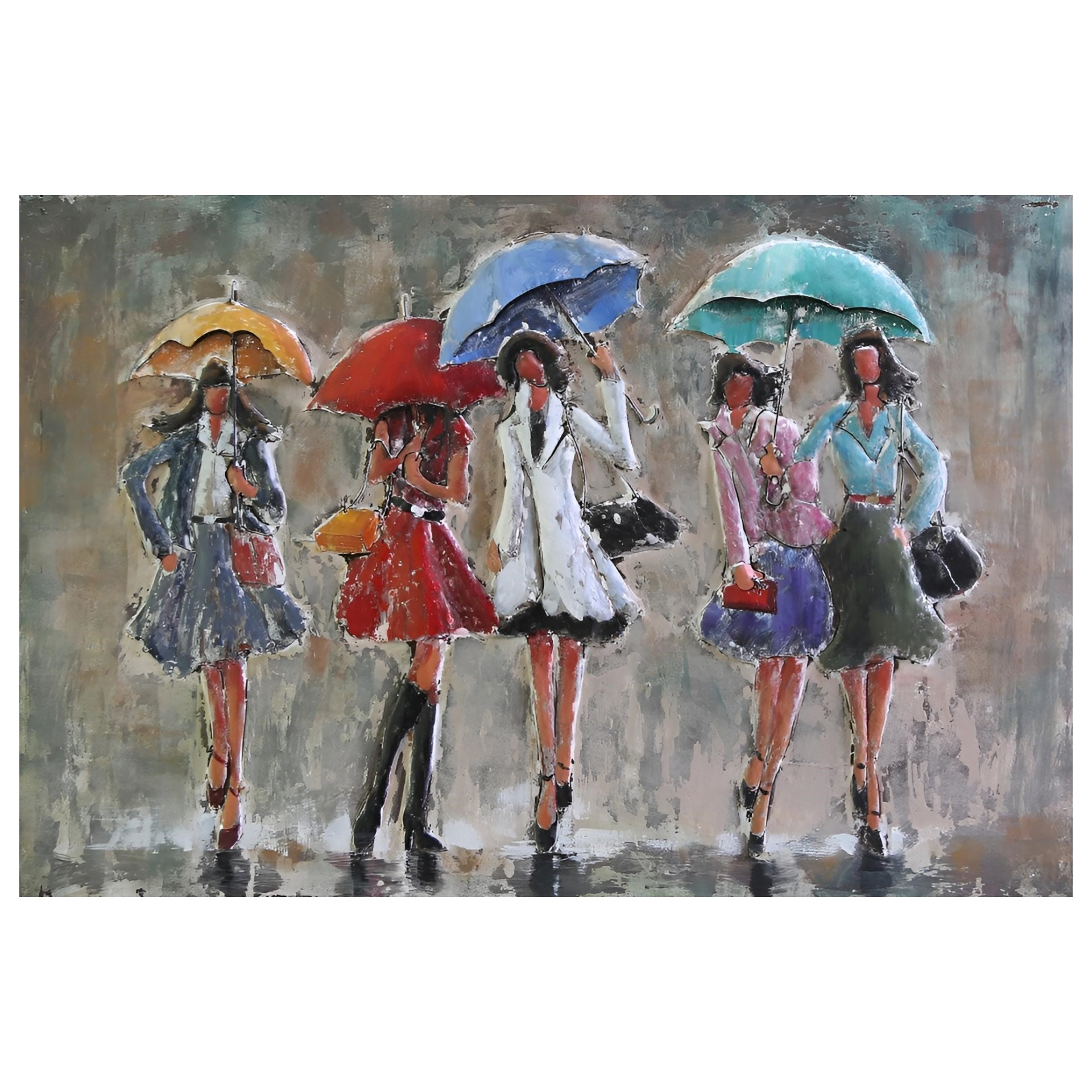 3-D Metallbild/Deko, 5 Ladies im Regen Darstellung von 3-D Metallbild/Deko, 5 Ladies im Regen