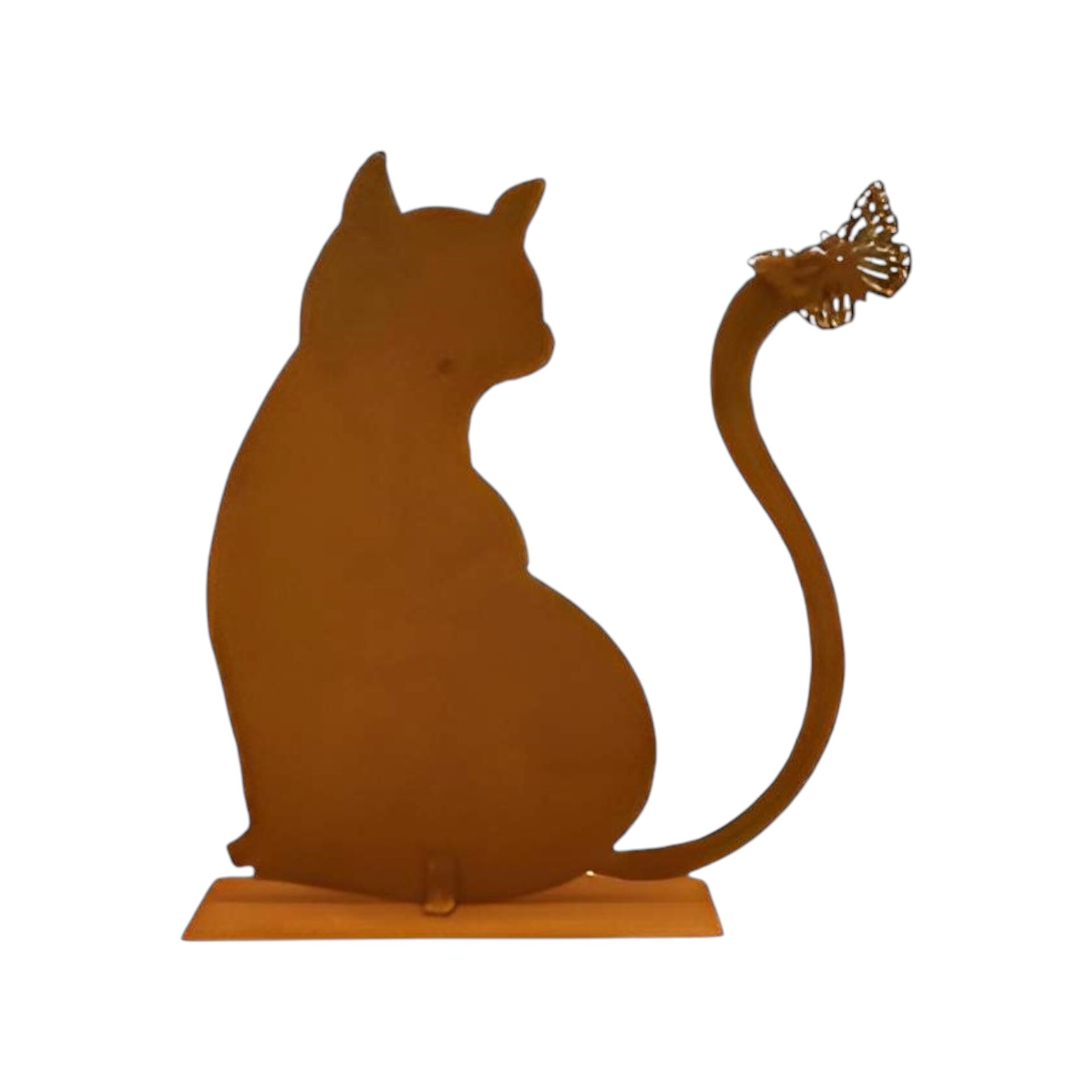 Darstellung von Katze a. Platte sitzend m. Schmetterling