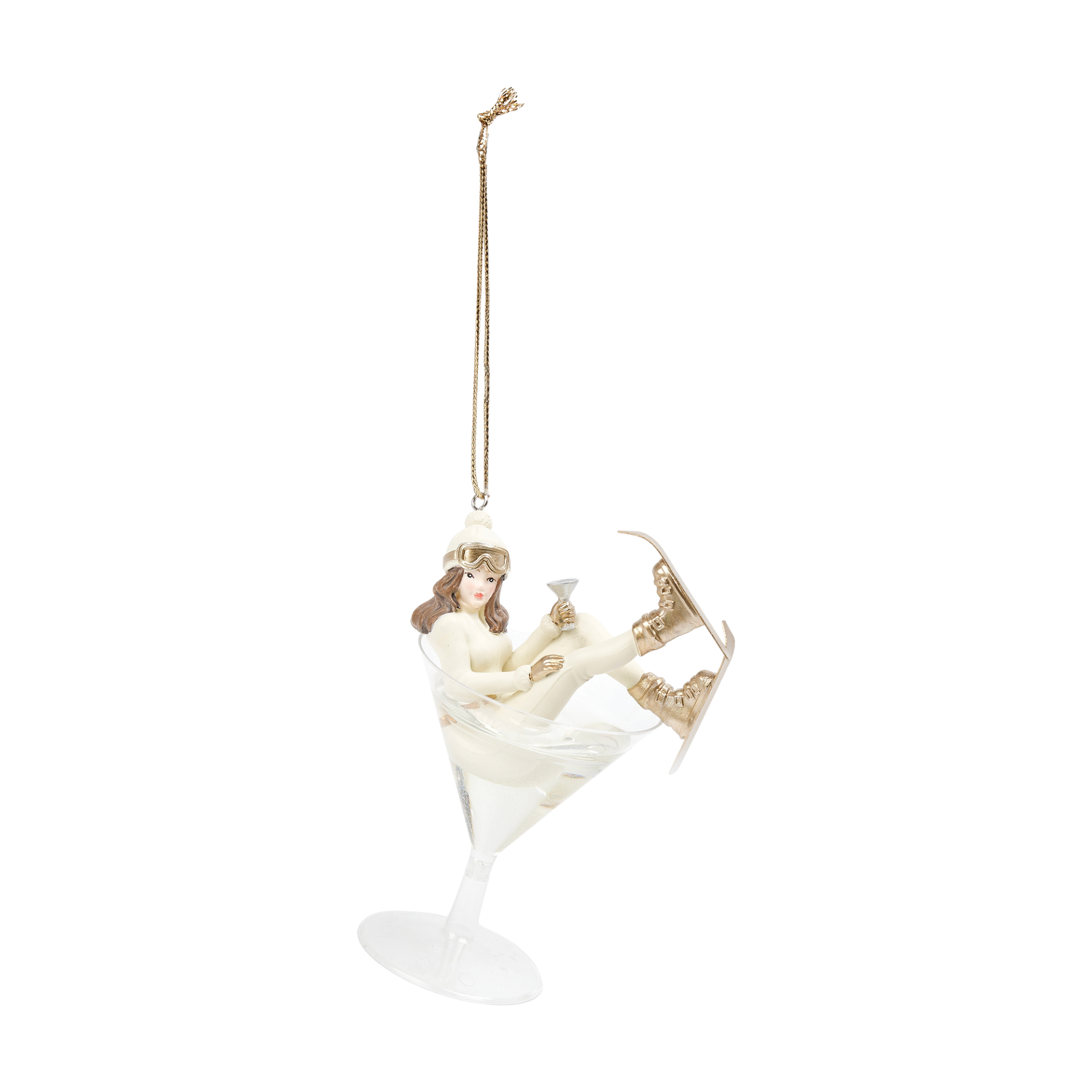Darstellung von Skifahrerin i. Glas goldcreme z. Hängen