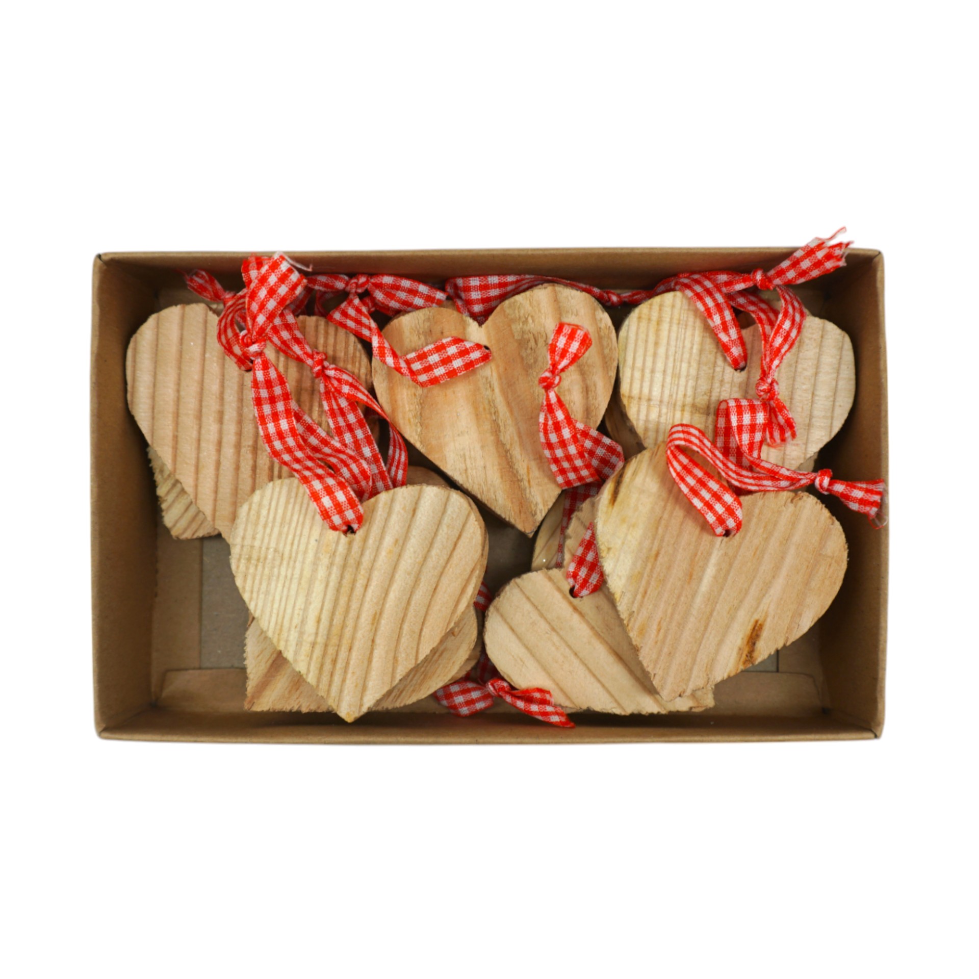 Darstellung von Holzherzen mit rotem Hänger