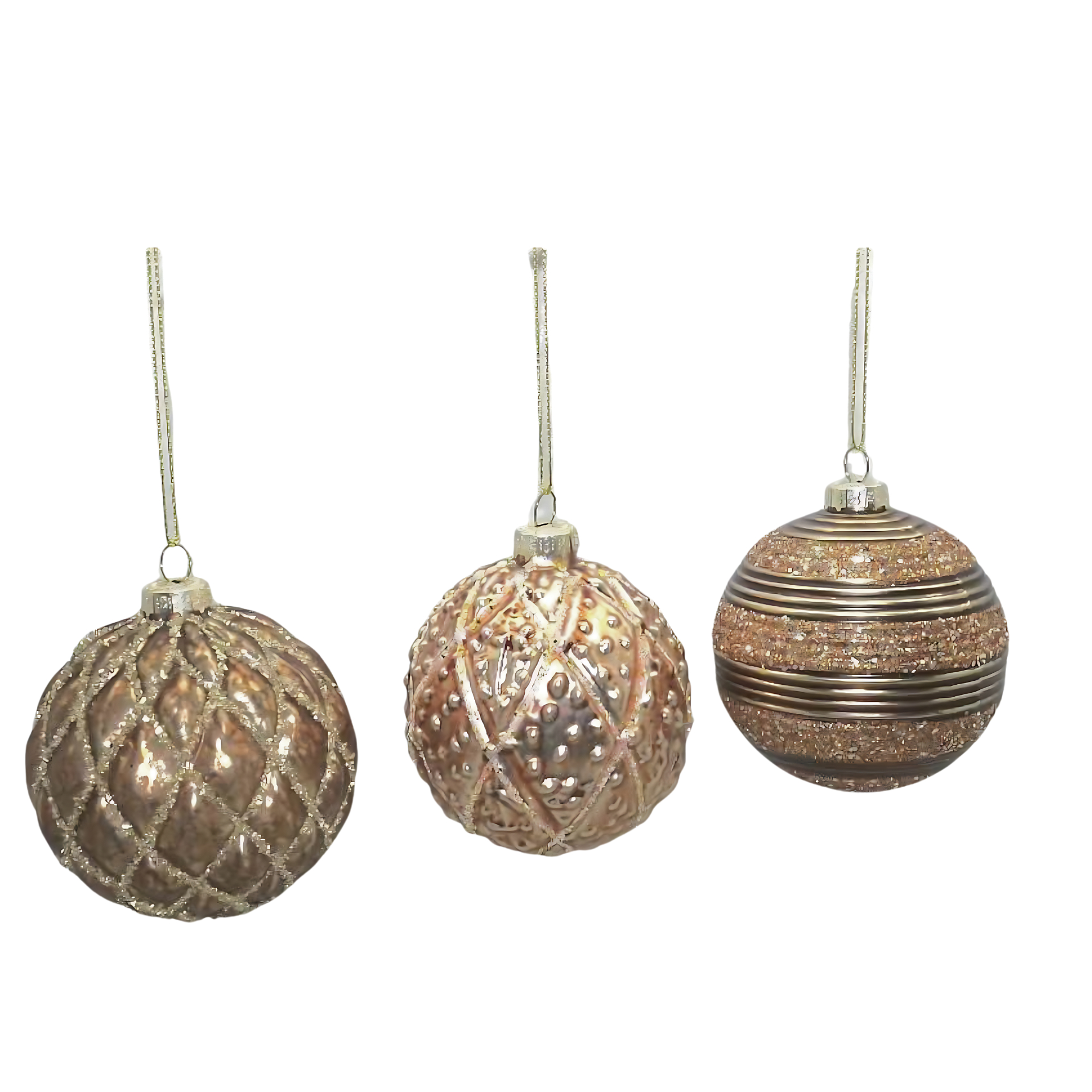 Darstellung von Glaskugeln goldbraun 3-tlg. in Box, d= 8 cm