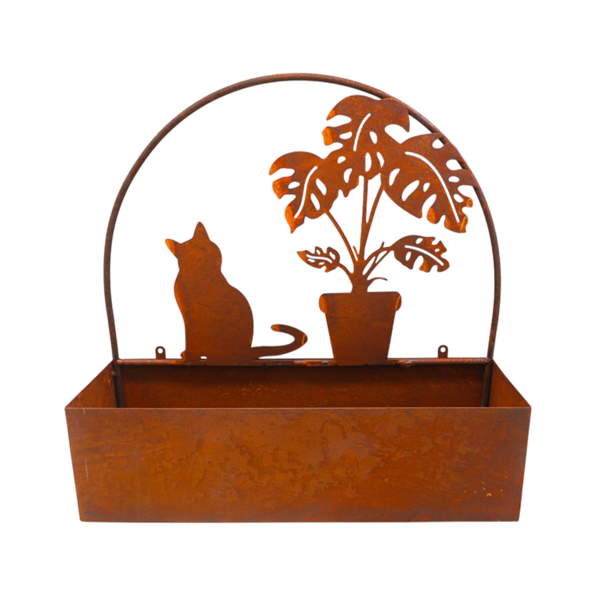 Blumenkiste mit Katze und Blumentopf Darstellung von Blumenkiste mit Katze und Blumentopf