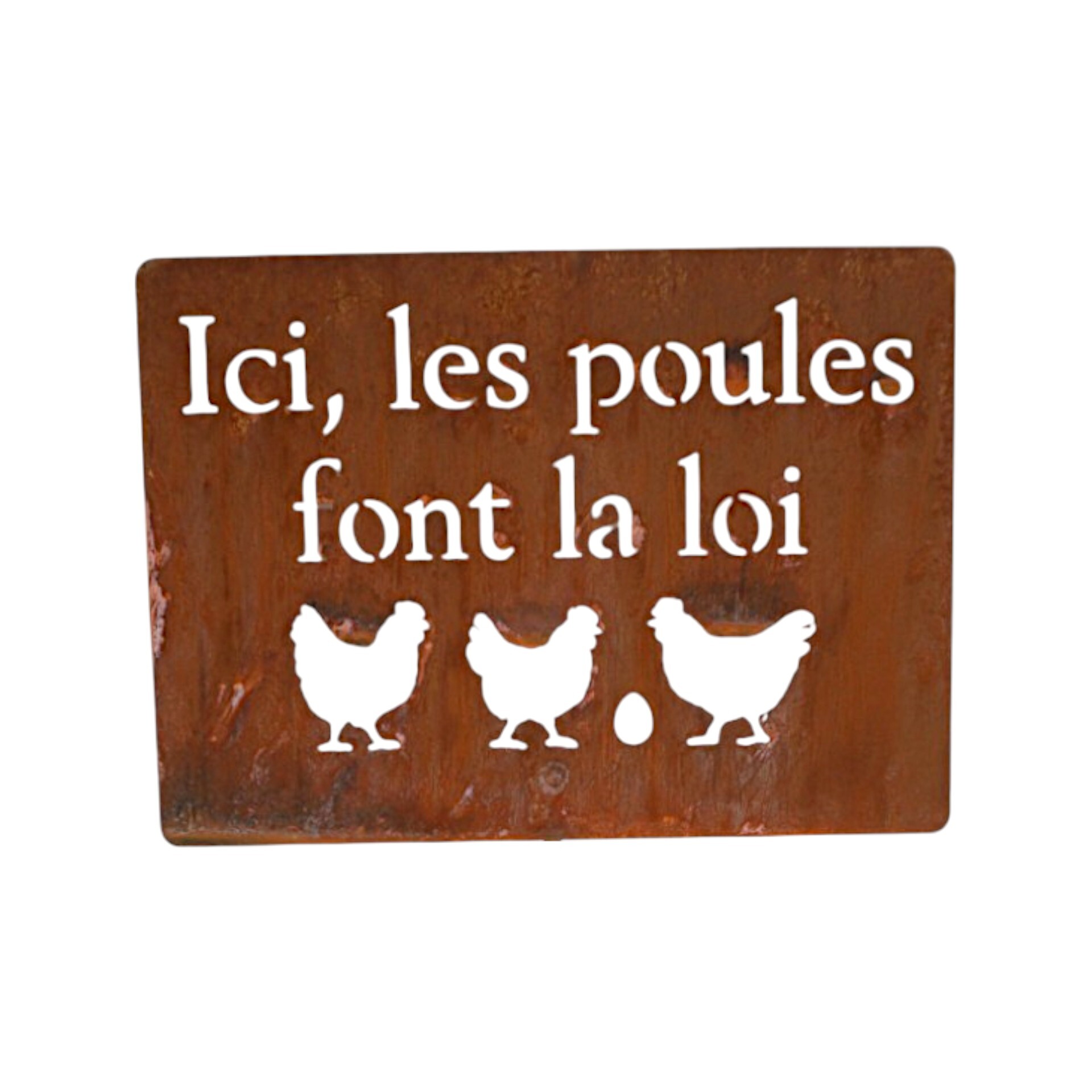 Darstellung von Plaque métallique rectangulaire Ici, les poules font la loi